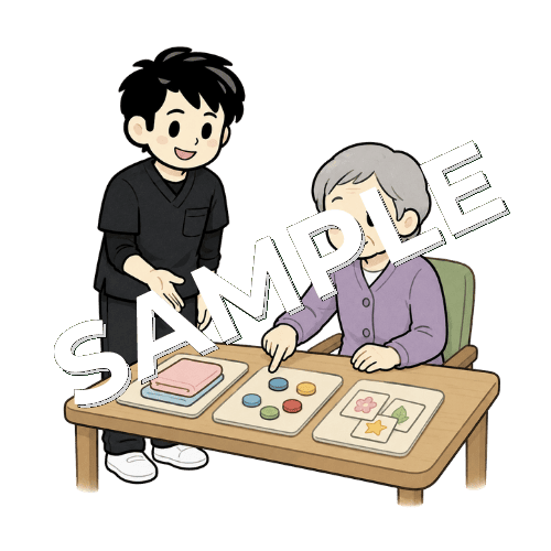 認知症患者と安心できる作業活動を選ぶ男性作業療法士のイラスト
