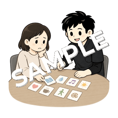 精神科患者とストレス対処カードを選ぶ男性作業療法士のイラスト