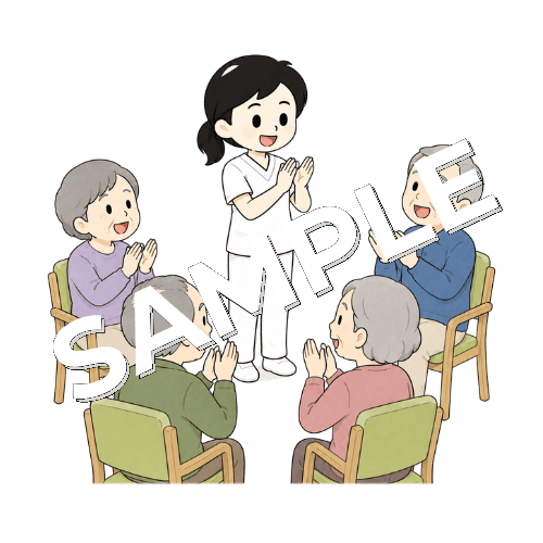 集団訓練で拍手する女性言語聴覚士のイラスト