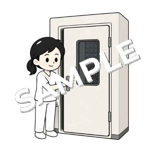 防音室のドアを閉める女性言語聴覚士のイラスト
