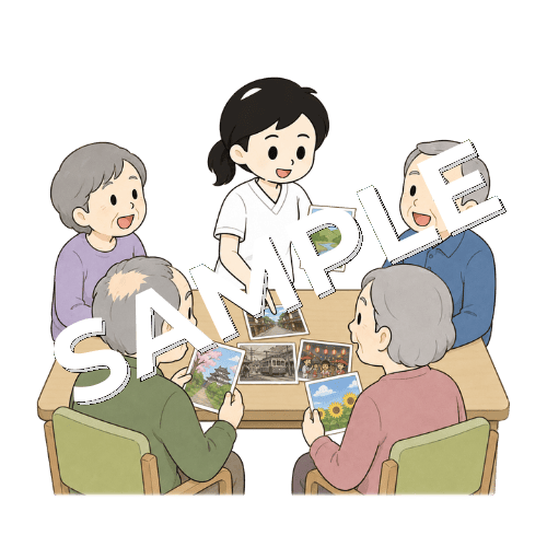 集団で回想法を行う女性言語聴覚士のイラスト