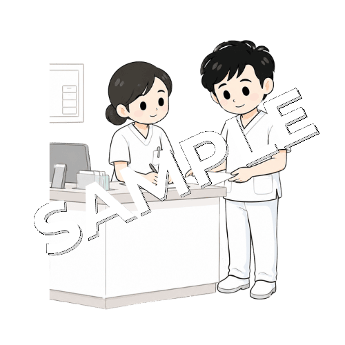 ナースステーションで相談する男性言語聴覚士のイラスト