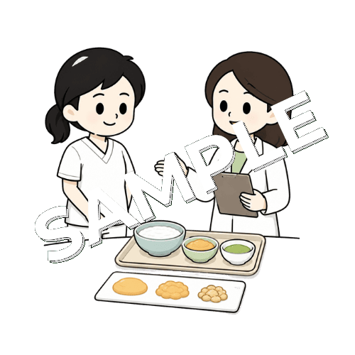 管理栄養士と食形態を相談する女性言語聴覚士のイラスト