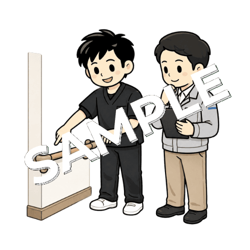 福祉用具業者と手すりの位置を相談する男性作業療法士のイラスト