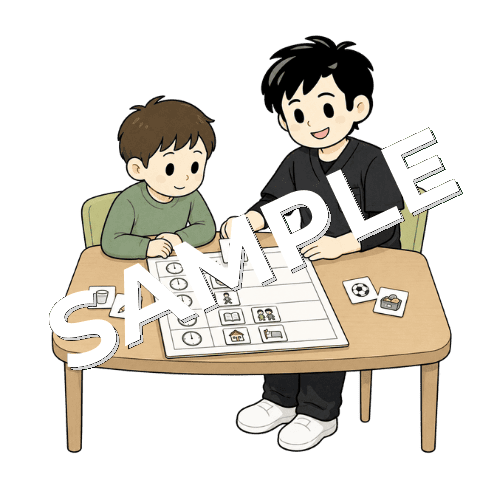 一日の予定表を作る患者と男性作業療法士のイラスト