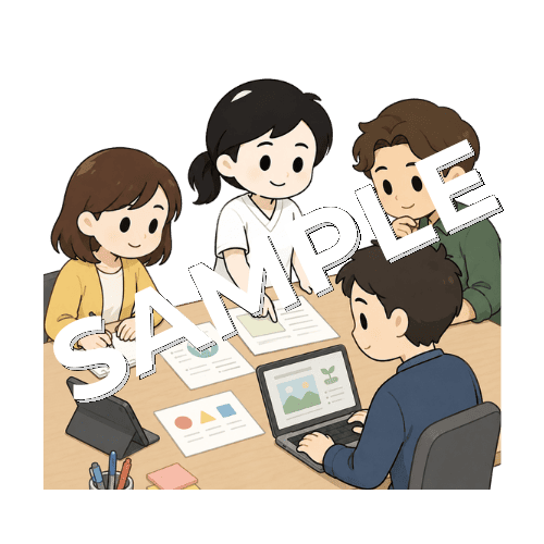 チームで教材を作る女性言語聴覚士のイラスト