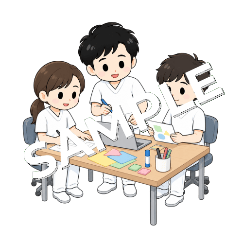 チームで教材を作る男性言語聴覚士のイラスト