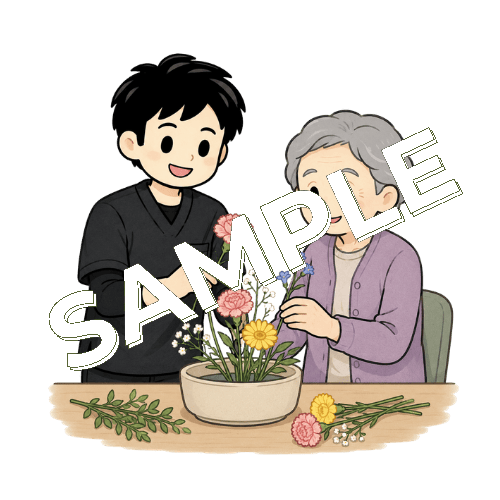 認知症患者と季節の花を飾る男性作業療法士のイラスト