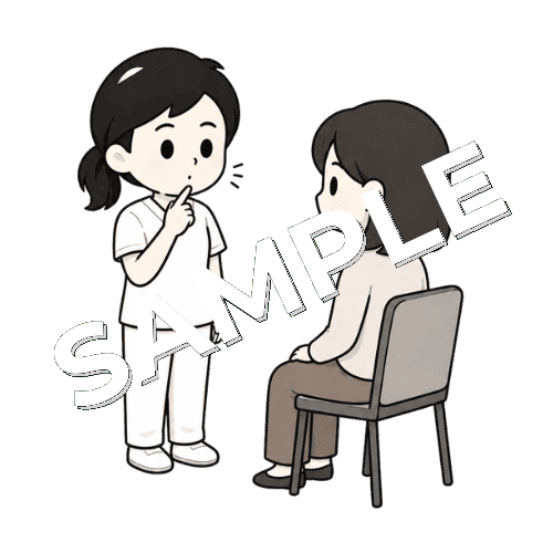 口の開け閉めを見本で示す女性言語聴覚士のイラスト