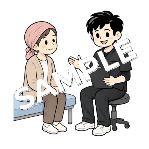 がんリハで生活目標を話し合う患者と男性作業療法士のイラスト