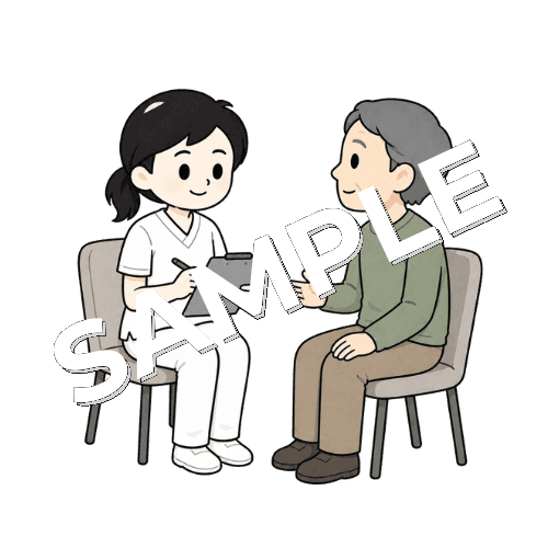 リハビリ目標を患者と相談する女性言語聴覚士のイラスト