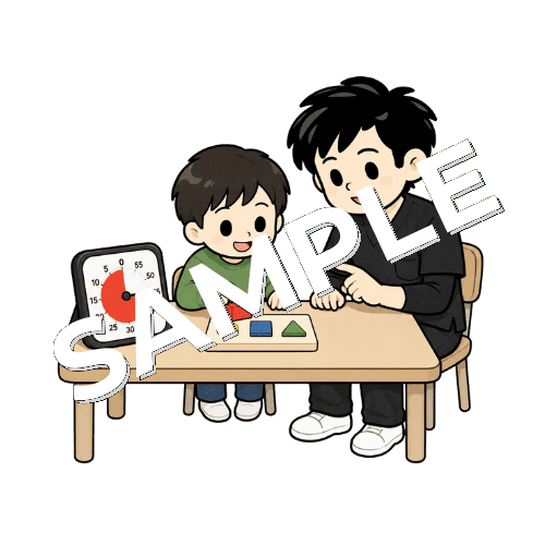 子どもとタイムタイマーを見ながら活動する男性作業療法士のイラスト