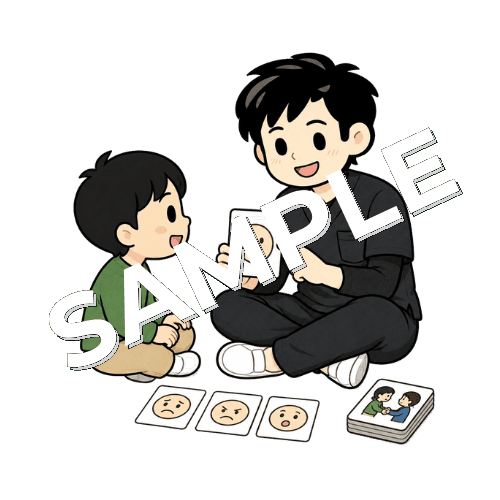 ソーシャルスキルトレーニングをする子どもと男性作業療法士のイラスト