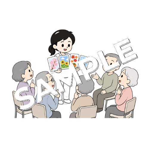 季節の話題で会話を促す女性言語聴覚士のイラスト