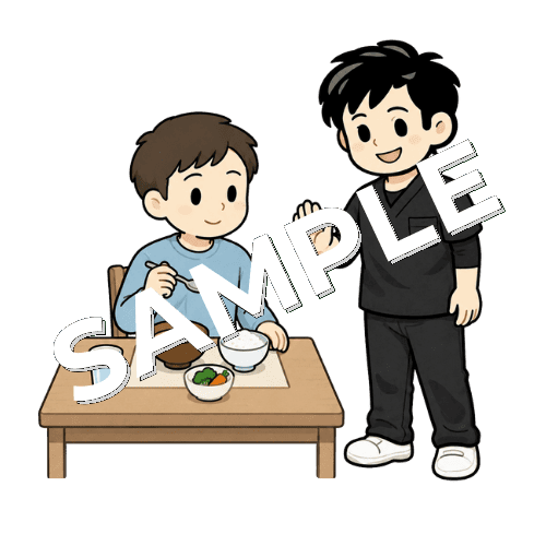 食事中のペーシングを促す男性作業療法士のイラスト