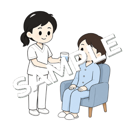 患者に水分補給を促す女性言語聴覚士のイラスト