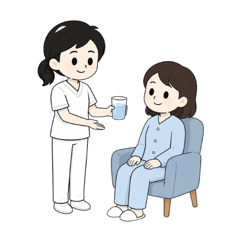 患者に水分補給を促す女性言語聴覚士のイラスト｜フリー素材・商用利用