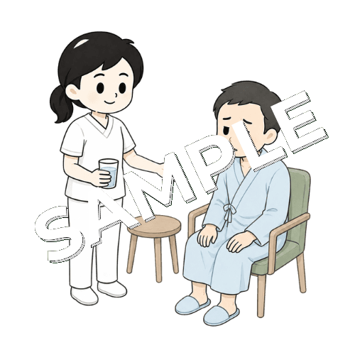 患者に休憩を促す女性言語聴覚士のイラスト