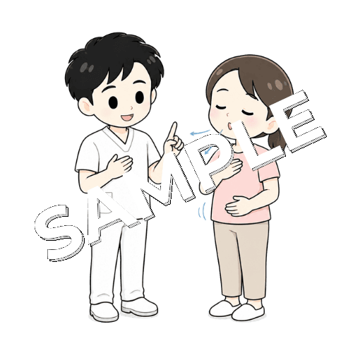 患者に深呼吸を促す男性言語聴覚士のイラスト