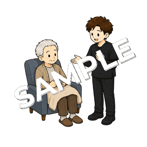 エネルギー温存のため休憩を促す男性作業療法士のイラスト
