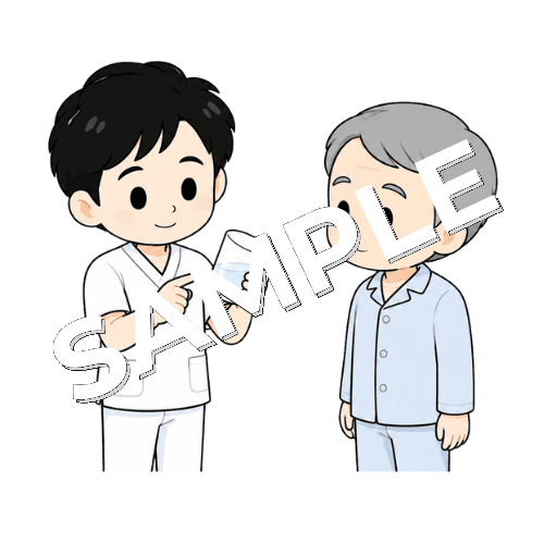 コップの角度を説明する男性言語聴覚士のイラスト