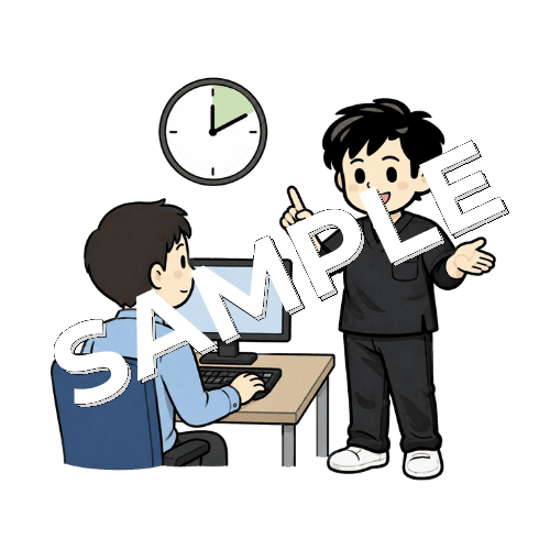 パソコン作業の休憩タイミングを説明する男性作業療法士のイラスト