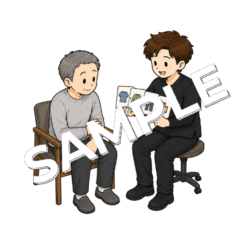 片麻痺患者の更衣手順をカードで説明する男性作業療法士のイラスト