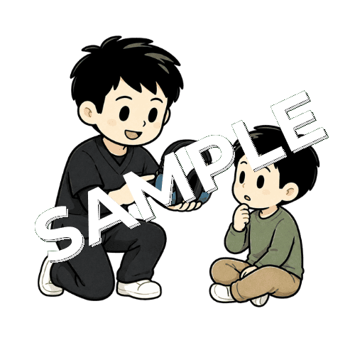 感覚過敏の子どもにイヤーマフを説明する男性作業療法士のイラスト