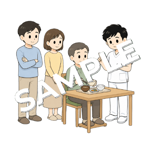 家族に食事姿勢を説明する男性言語聴覚士のイラスト