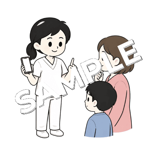 家族に緊急時の対応を説明する女性言語聴覚士のイラスト