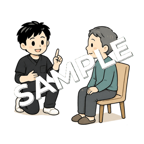 呼吸器疾患患者に省エネ動作を説明する男性作業療法士のイラスト