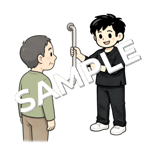 浴室手すりの持ち方を説明する男性作業療法士のイラスト