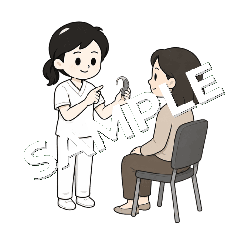 補聴器の電池交換を説明する女性言語聴覚士のイラスト