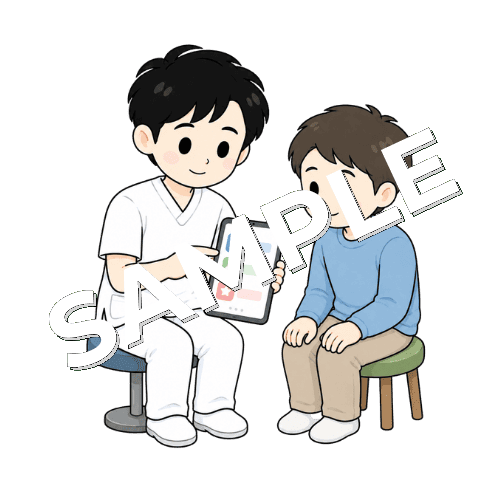 患者にアプリの使い方を説明する男性言語聴覚士のイラスト