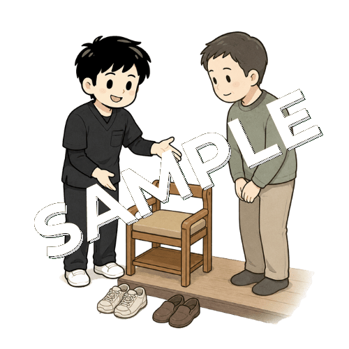 玄関椅子の使い方を説明する男性作業療法士のイラスト