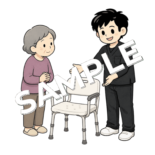 シャワーチェアの使い方を説明する男性作業療法士のイラスト