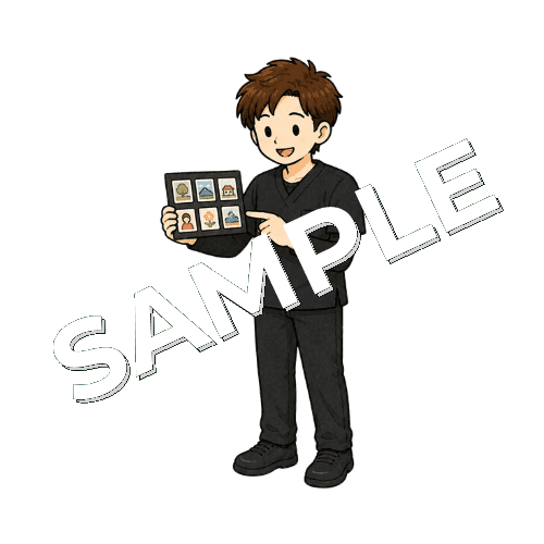 写真を使った記憶補助を説明する男性作業療法士のイラスト