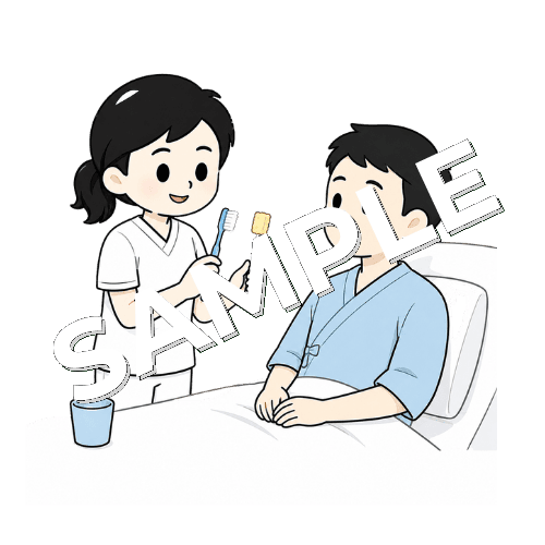 口腔ケアの手順を説明する女性言語聴覚士のイラスト