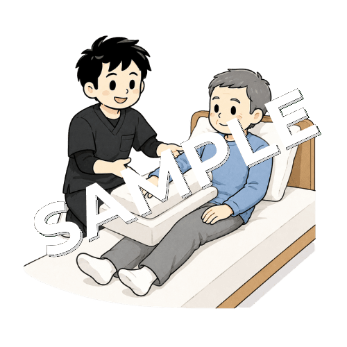 上肢をクッションで支える姿勢を説明する男性作業療法士のイラスト