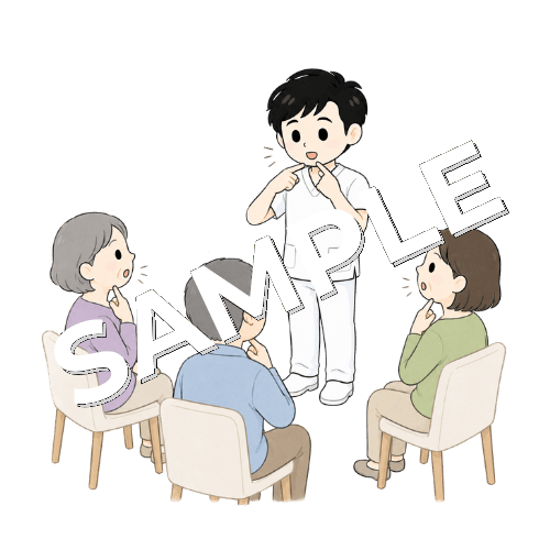 集団で嚥下体操を説明する男性言語聴覚士のイラスト