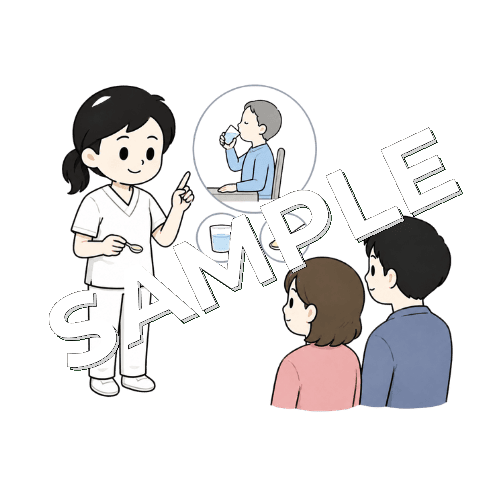 家族に嚥下の注意点を説明する女性言語聴覚士のイラスト