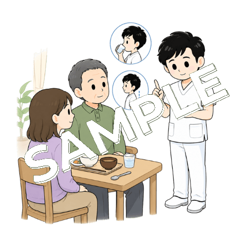 家族に嚥下の注意点を説明する男性言語聴覚士のイラスト