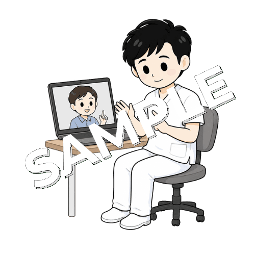 ビデオ通話で患者に説明する男性言語聴覚士のイラスト
