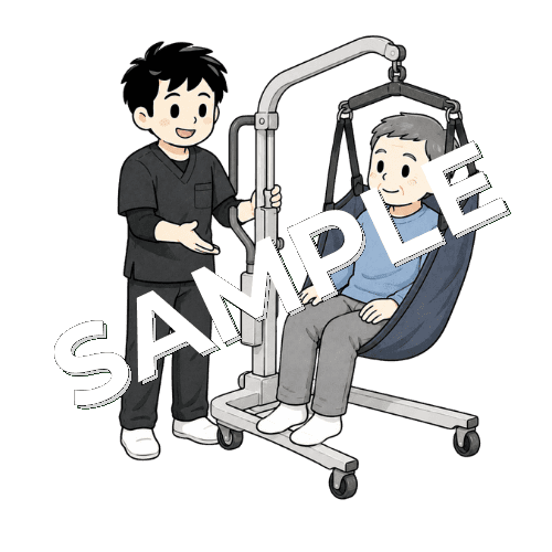 移乗用リフトの説明をする男性作業療法士のイラスト