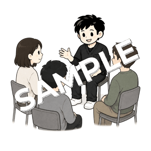 精神科デイケアでSSTを進行する男性作業療法士のイラスト