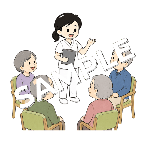 集団訓練の司会をする女性言語聴覚士のイラスト