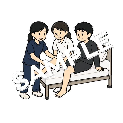 看護師とベッドサイドで患者の足の状態を確認する女性柔道整復師のイラスト