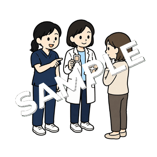 薬剤師と湿布の使い方について患者に説明する女性柔道整復師のイラスト