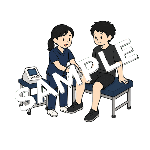 患者の膝に超音波治療器を当てる女性柔道整復師のイラスト