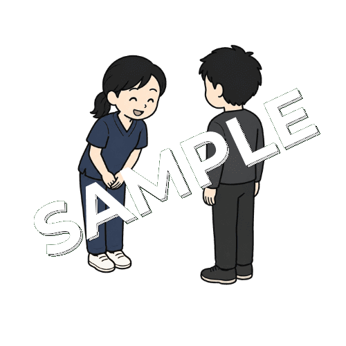 患者に笑顔でお辞儀する女性柔道整復師のイラスト